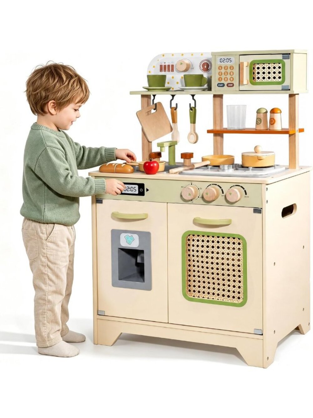 Wooden Toddler Play Kitchen Set with Real Sounds & Accessories - Pretend Cooking